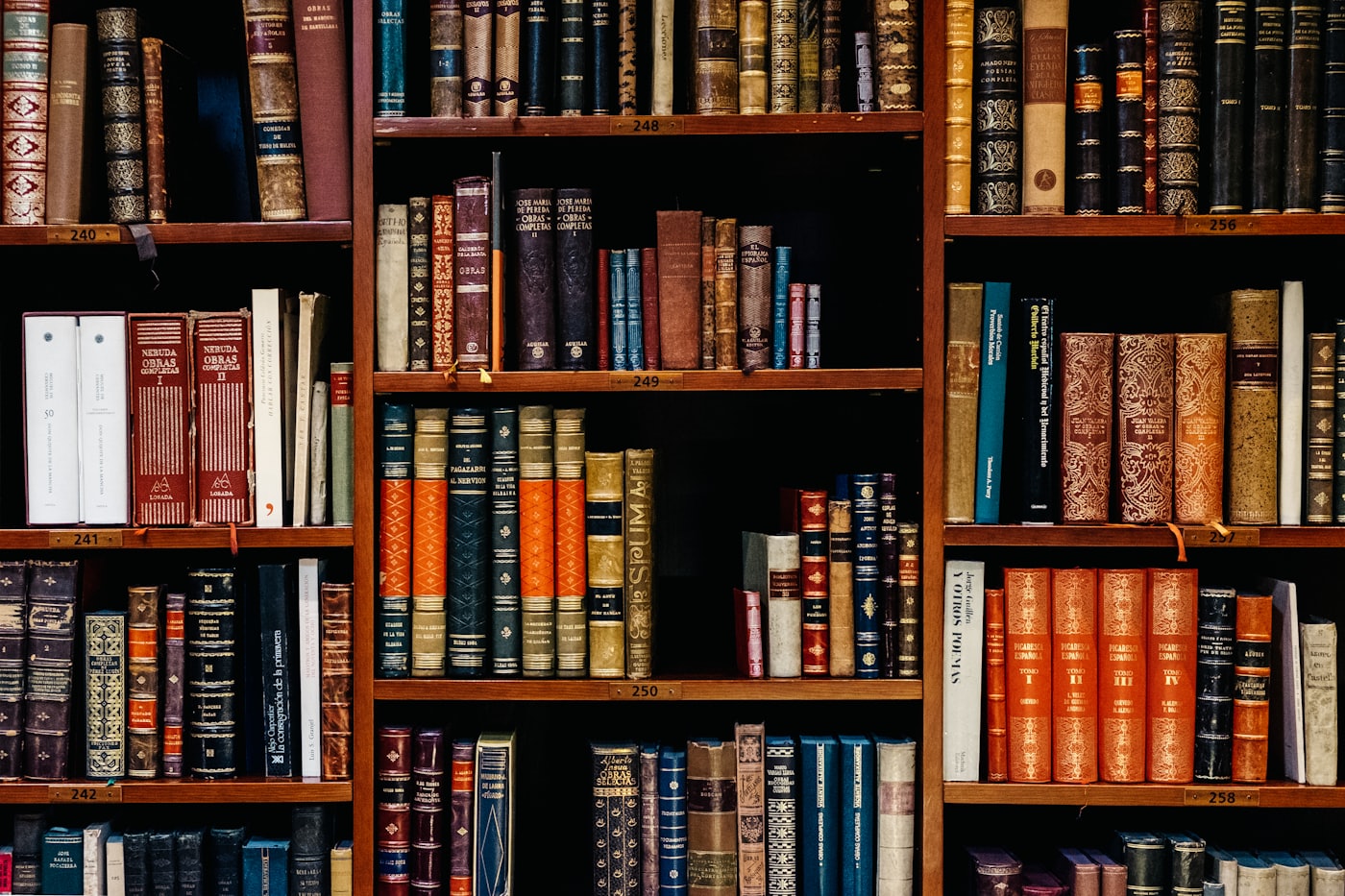 Rows of law books on tall library shelves