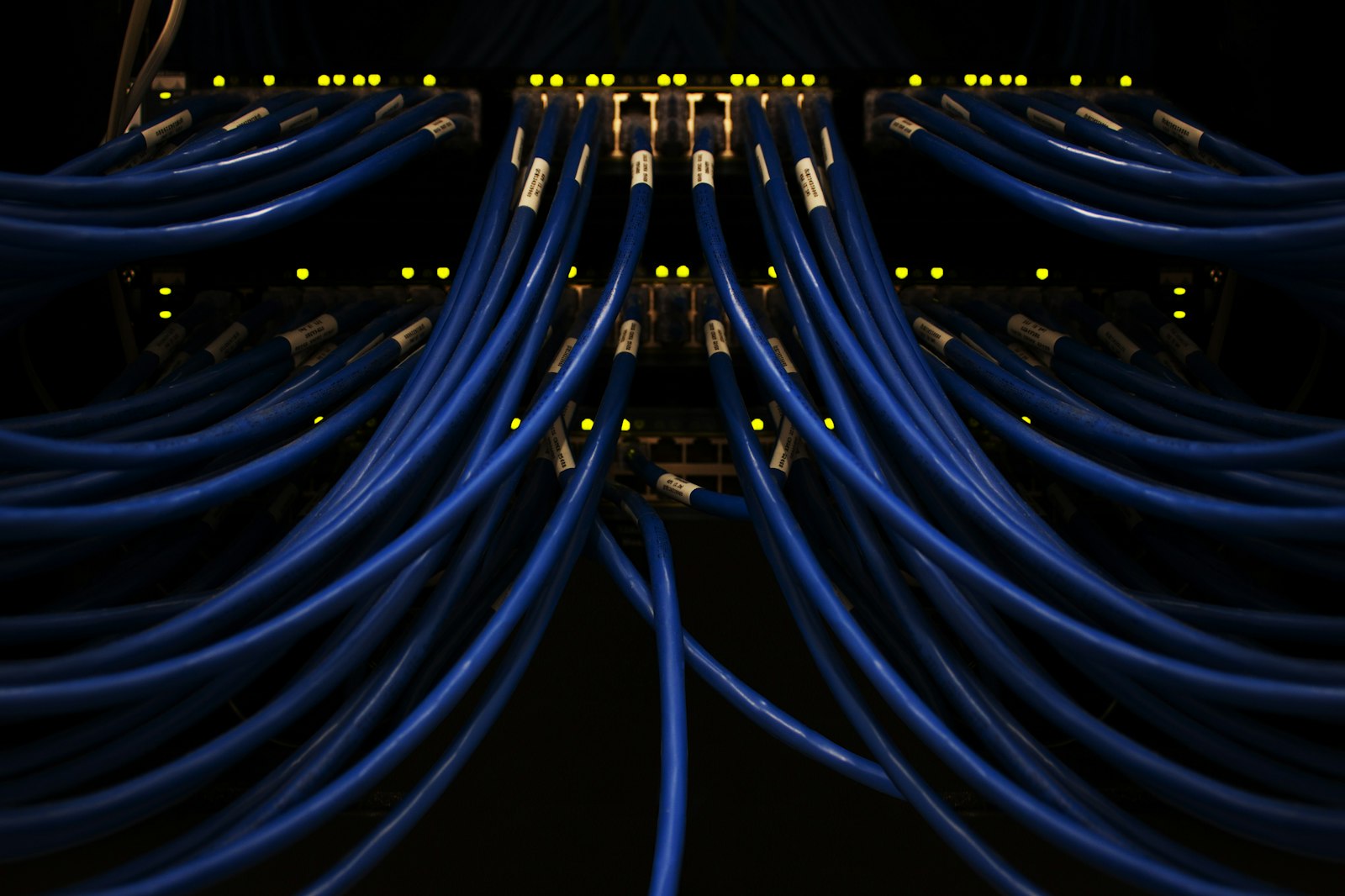 Blue network patch cables running into a dark rack